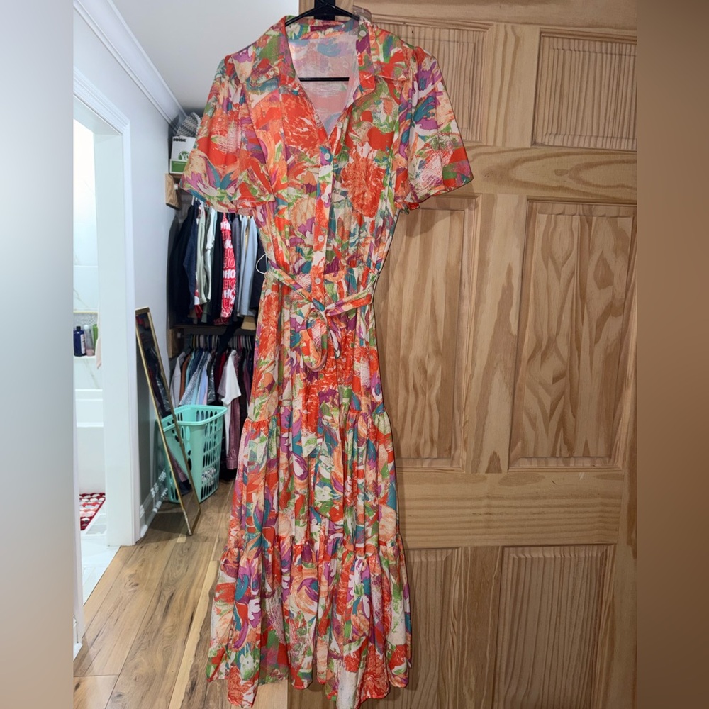 Flying Tomato Floral Button-Up Dress with Belt